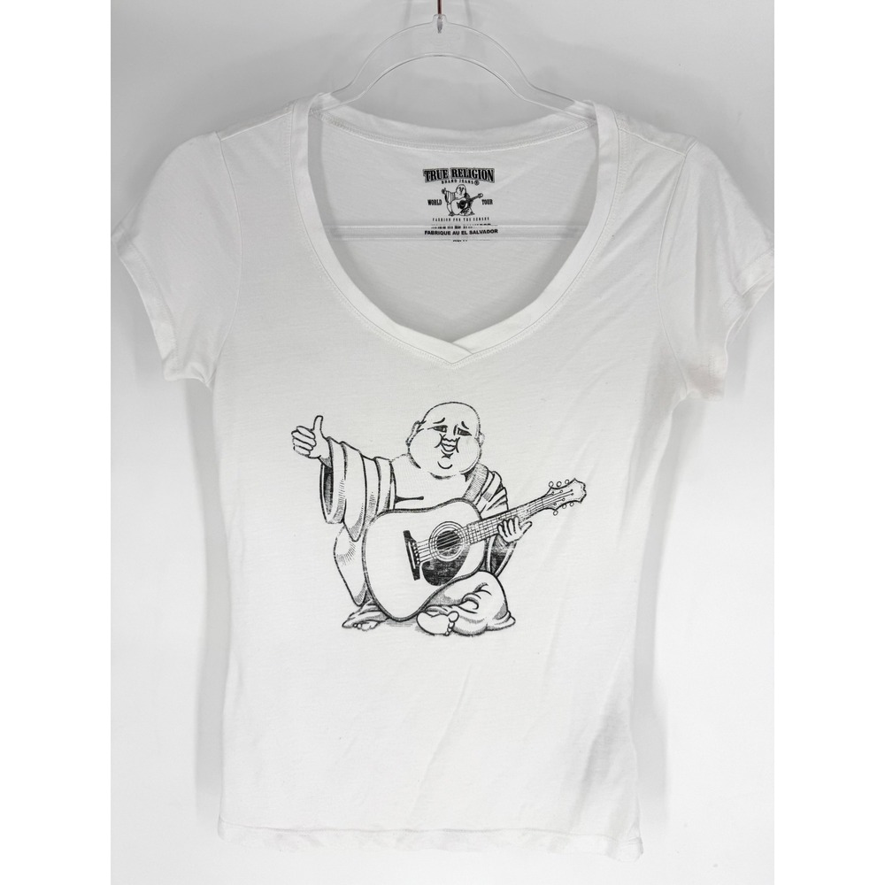 True Religion Womens Buddha Guitar Graphic V-Neck T-Shirt White XS